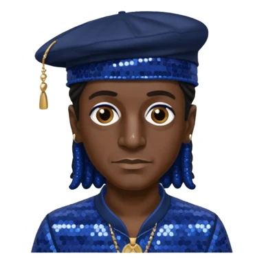 Flavor Flav with dark brown hair, indigo sequin outfit, black hat sticker