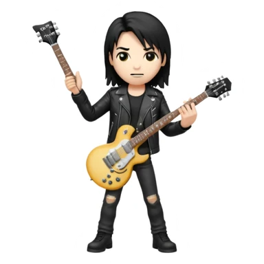 3D Apple-style emoji of a metal musician holding an electric guitar with a bold "ROCK" sign above. Long hair, black leather jacket, ripped jeans, intense expression. Rounded, glossy, smooth, soft shadows, white background.











 sticker