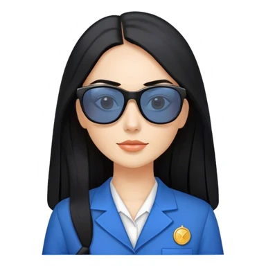 Fair skinned pretty woman with long straight black hair with sun glasses and blue teacher uniform  sticker
