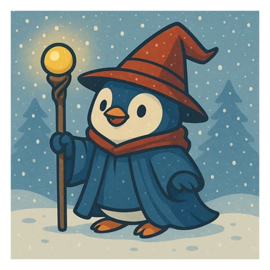 Add falling snowflakes to the scene with the penguin wizard and snowy background, keeping the whimsical style. sticker