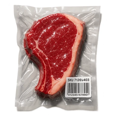 steak with sparkling highlights, glossy and inflated, vacuum-sealed style sticker