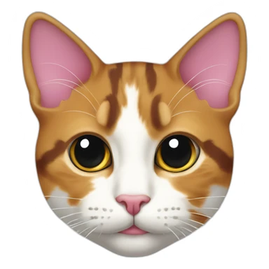 young calico cat face with a pink nose and a white chin sticker
