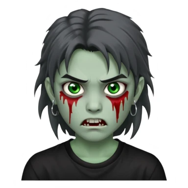 3D emoji-style avatar with grey zombie skin, dark brown hair, a young Asian face, and large green eyes with blood tears. Give it white litle bit messy mullet hair style , silver hoop earrings, and a plain black T-shirt. The face expression should be slightly angry, with vampire fang sticker