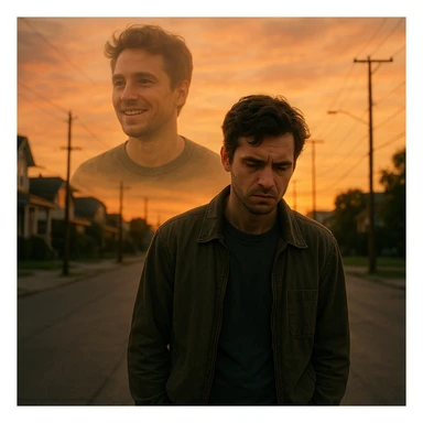 A man walking alone on a quiet street at sunset, introspective expression, with a faint double exposure of a happier version of himself in the background, symbolizing a 'what if' after a life-changing diagnosis. Cinematic, emotional realism, symbolic duality, soft light, hyperrealistic 4K. sticker