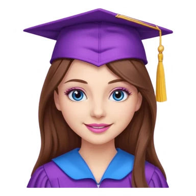 girl with gorgeous long brown hair, blue eyes, long lashes makeup, sexy pink lips, wearing a purple graduation cap and gown sticker