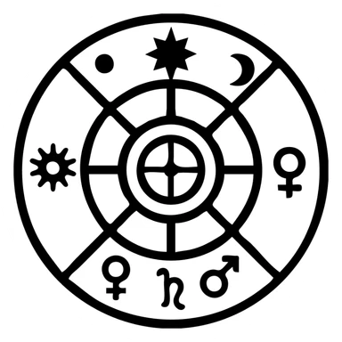 vintage astrology natal chart icon with intricate celestial symbols, mystical and ornate, solid black filled sticker