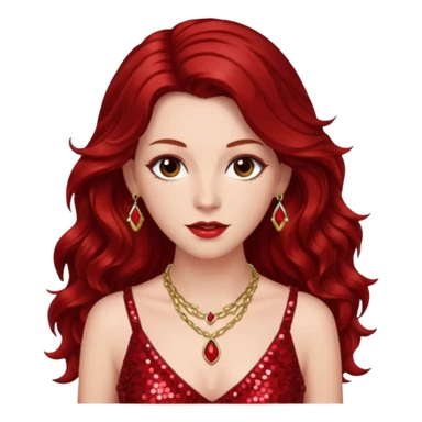 Chappell Roan, Pop Singer (b.1998) with long dark red wavy hair, red sequin dress and necklace sticker