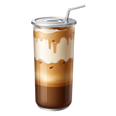 A tall transparent can of iced latte with a silver pull-tab lid. Brown coffee on top with ice, smooth white milk in the middle, and a light amber syrup layer at the bottom. “MAISON MOKA” written vertically in white on the can.

 sticker