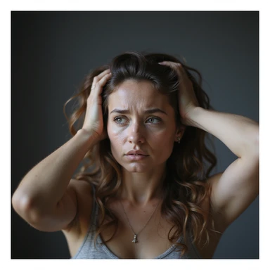 woman with hands in hair, stressed and nervous expression, hyperrealism 4K sticker