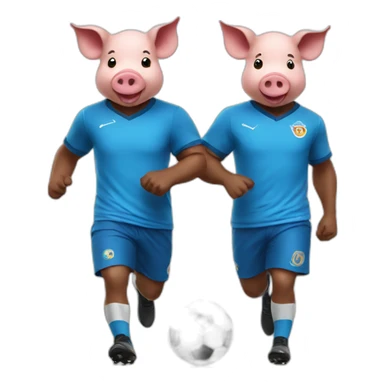 Two pigs playing soccer with a blue shirt sticker