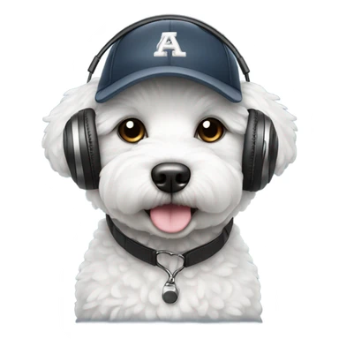 A Bichon wearing a baseball cap and headphones  sticker