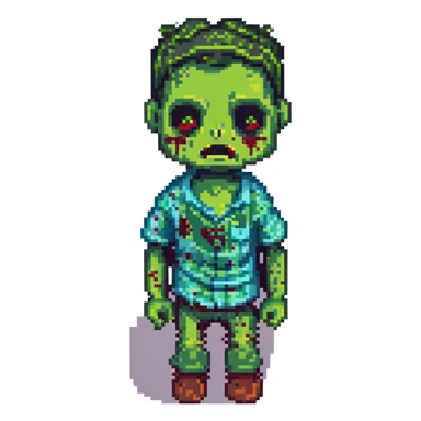 zombie boy, pixel art style, blocky features, green skin, ragged shirt sticker
