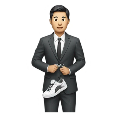 asian man in a suit holding a sneaker sticker