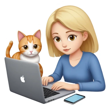 A girl is working on a laptop with a cat lying next to it sticker