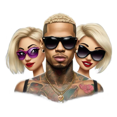 Hyper Realistic Chris Brown  wearing sunglasses with 2 female tattooed dancers sticker