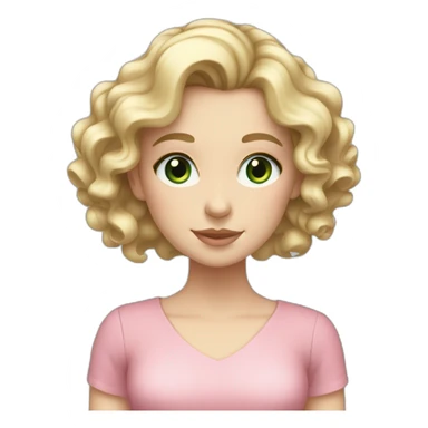 White girl with round face, long curly blonde hair grey-green eyes, pink dress sticker