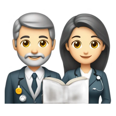 husband executive caucasian middle age dark gray hair trimmed beard business suit and open bible, with wife asian age 55 dark hair nurse uniform nurse cap sticker