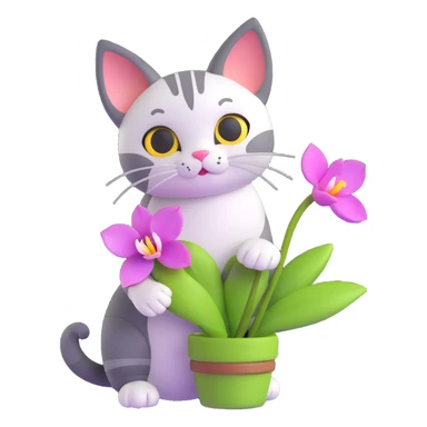 cat holding a spring orchid, microsoft style 3d fluent emoji sticker