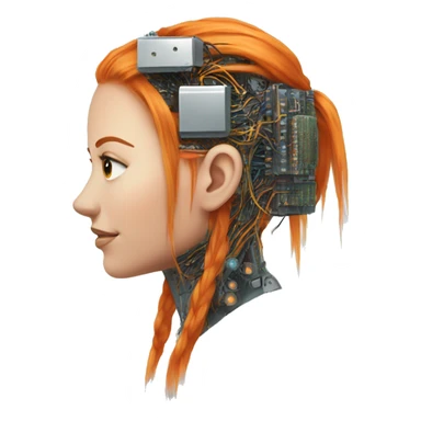 Head of female cyborg with long orange hair and circuits sticker