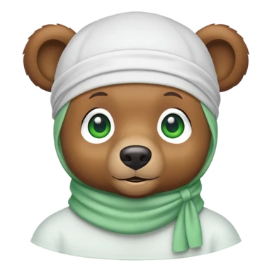 Cute brown bear head with green eyes wearing a white durag, hip style, iOS emoji style sticker