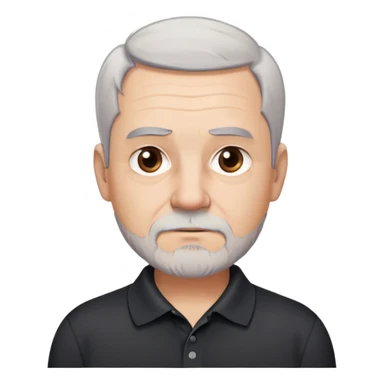 Charismatic older man in his late 50s with light skin, round face with wide features, expressive dark brown eyes, thick slightly arched eyebrows, short white-gray hair with receding hairline, gray scruff beard, neutral-serious expression, wearing black polo shirt sticker