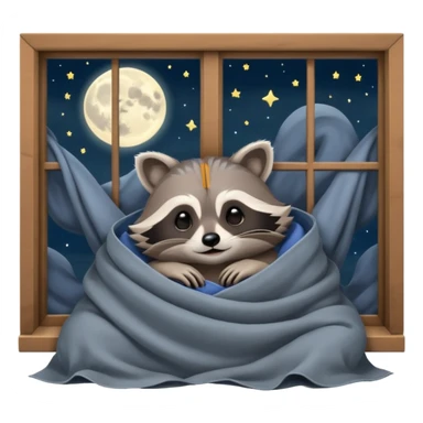 A raccoon sleeps under a blanket against the backdrop of an open window with the moon sticker
