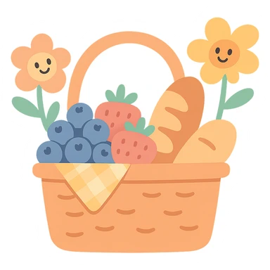 picnic basket with berries, bread, and flowers in warm pastel shades, pastel-toon style sticker