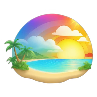 Illustrate a smiling sun with rainbow rays, rising above a vibrant beach scene." sticker