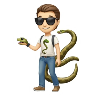 friendly anthropomorphised snake in jeans, t-shirt, dark sunglasses, walking with a smile sticker