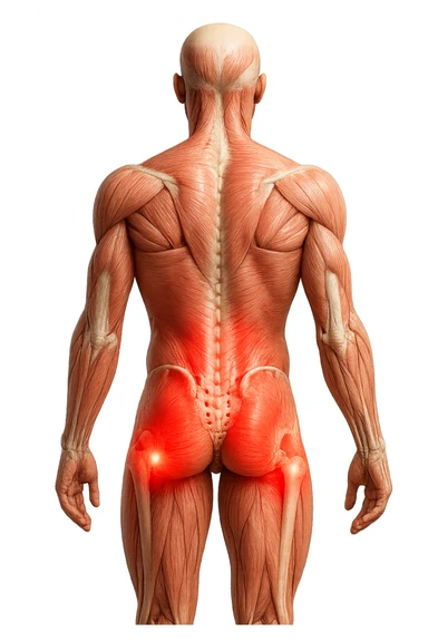 CORPO UMANO ANATOMICO REALISTICO DI SPALLE CON DOLORE ALLA LOMBARE INFIAMMATA, DOLORE ALL'ANCA, IPERREALISTICO 4K sticker