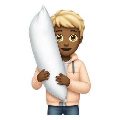 A boy with a light peach jacket holding a white body pillow sticker