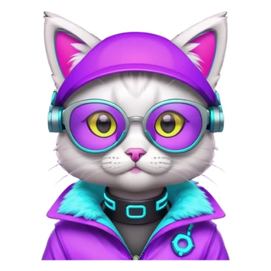 cute cyberpunk cat, neon visor glasses, tech jacket, glowing collar, purple and cyan neon accents, 3D cartoon, mobile game icon style, clean background, no text, no watermark
 sticker