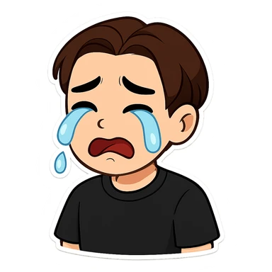 A cartoon man matching the reference image, crying with tears streaming from his eyes, sad expression. He wears a plain black t-shirt with no spots. Style: chibi stickers. sticker