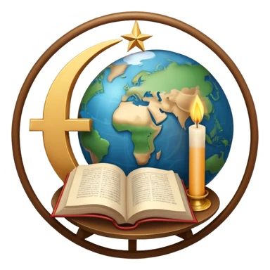An icon featuring a holy book, a candle, a cross, and Islamic crescent and star, alongside a Buddhist wheel of Dharma, symbolizing religious studies. The design includes a globe with these symbols, representing the diversity of beliefs. Transparent background  sticker