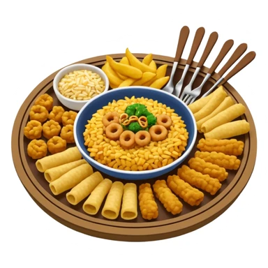 Plato redondo visto desde arriba con tiras gruesas de chicharrón crujiente dorado, acompañado de arroz frito con vegetales (zanahoria, arvejas, cebollín) y pequeños cubos de colores, sticker