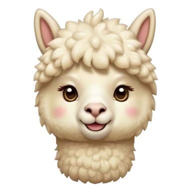 Cinematic Cute Cream Alpaca Portrait Emoji, Head tilted playfully and inquisitively, featuring a fluffy, cream fleece with a natural sheen, round, sparkling gentle eyes filled with curiosity, Simplified yet irresistibly adorable features, highly detailed, glowing with a warm, friendly glow, high shine, affectionate and gentle, stylized with a touch of whimsy, bright and endearing, soft glowing outline, capturing the essence of a mischievous yet loving alpaca, so playful it feels like it could prance out of the screen and into your arms! sticker