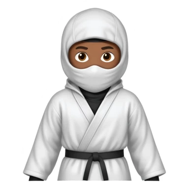 All white ninja robe with no black with white ski mask to cover face and neck with a hoodie on and dark brown skin color sticker
