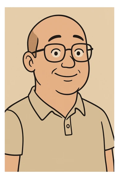 cartoon style, bald Asian man with glasses, friendly face, simple background sticker