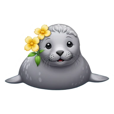 Grey Seal on the beach with the flower pin on the head sticker
