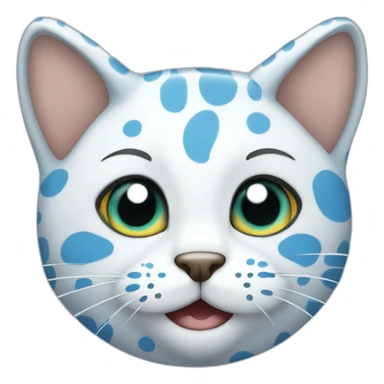 cartoon white spotted cat, the spots are blue, the one spot is on a head on his left side, the second spot is on an ear sticker