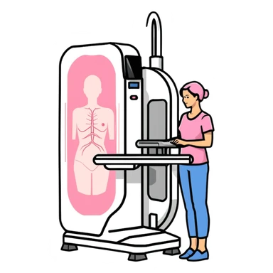 Mammogram breast cancer screening machine with female patient, medical test sticker