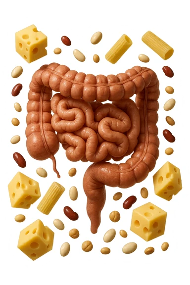 PEZZETTI DI EMMENTAL, PENNE DI PASTA RIGATE E LEGUMI FLUTTUANO INTORNO AD UN INTESTINO UMANO ANATOMICO REALISTICO, iperrealistico 4k sticker