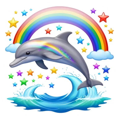 A dolphin jumping over the ocean with a rainbow behind it and there us lots of sparkling stars around  sticker