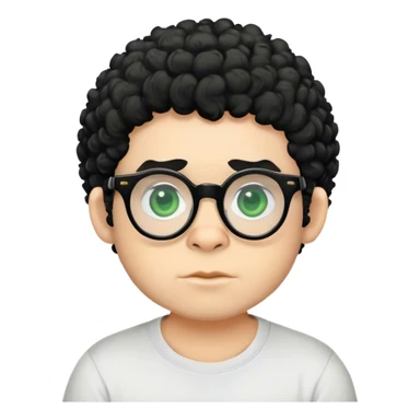 Chico blanco con ojos redondos de color verde , cabello negro corto ensortijado y con camisa gorillas y con gafas  sticker