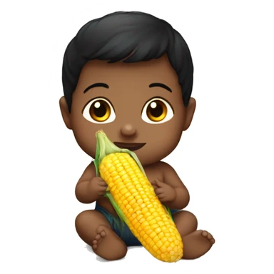 Dark haired baby holding a corn sticker
