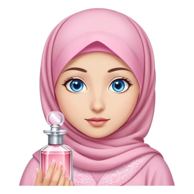 Turkish beautiful finish Konya girl blue eyes with light sakura and pink hijab islamic dress and She's wearing perfume sticker