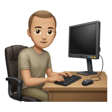 Man with recessing hairline sitting at a dirty desk with gaming computer   sticker