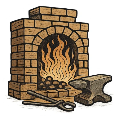 ukiyo-e inspired cartoon illustration of a forge with fire and bricks sticker