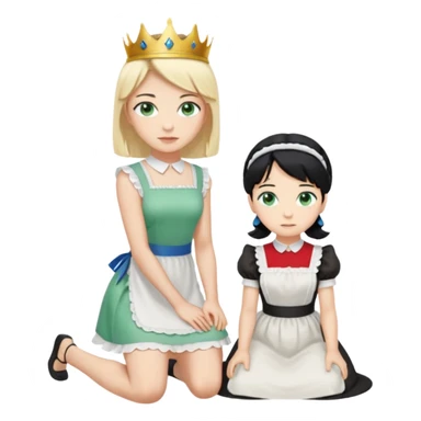 King, standig, black hair, blue eyes, garmont, and maid, blonde Hair, green eyes, white short sleveless dress, kneeling  sticker