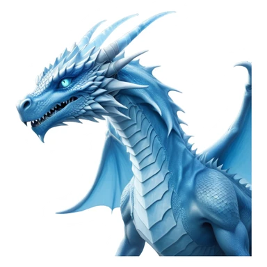Cinematic Noble wise elegant Ice Dragon Portrait Emoji, Poised and imposing, distinct long elegant snout, with a slender, scaled body shimmering in glacial hues of icy blue, frostbitten silver, and crystalline white, breathing out frost, with piercing, glowing ice blue white eyes that radiate the chilling depths of an arctic storm; rendered in detail. excuding wisdom sticker